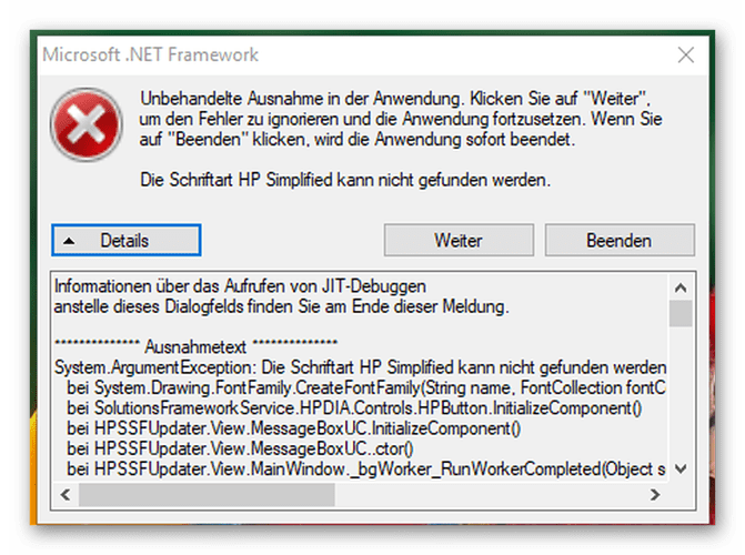 HP - Microsoft Alarmmeldung - Unbehandelte Ausnahme in der Anwendung