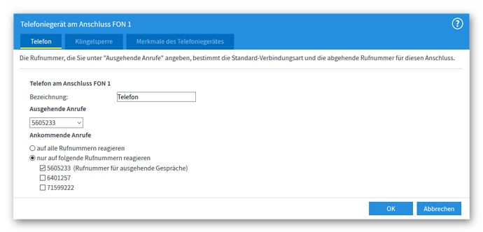 Telefon am Anschluss FON 1  -  Aus- und Ankommende Anrufe mit richtiger Rufnummer